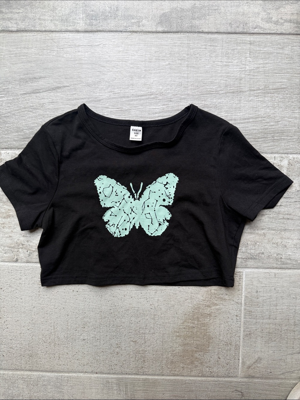 SHEIN Black Crop Top with Mint Butterfly Print